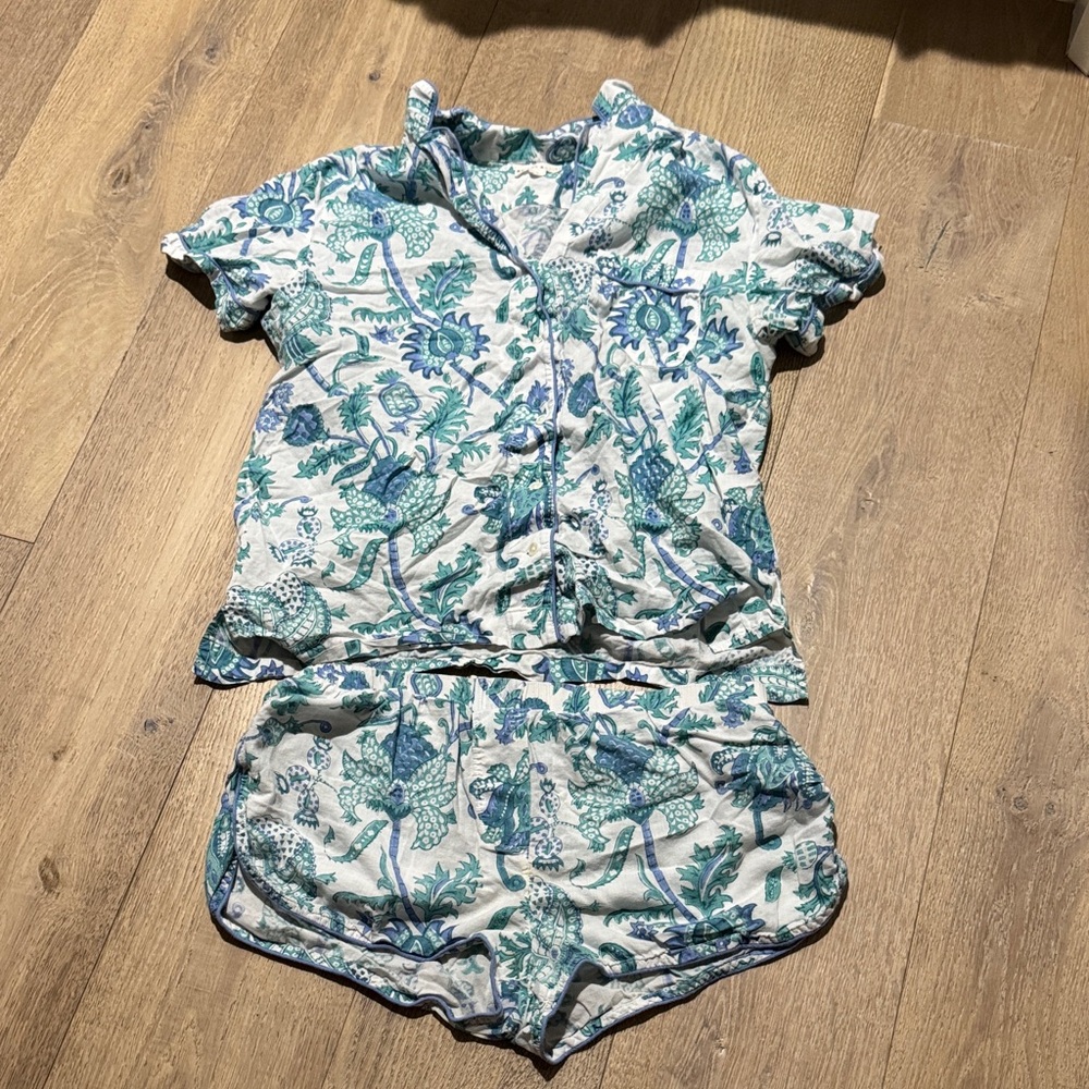 Roller Rabbit Women's Two-Piece Floral Pajama Set in White, Teal & Blue